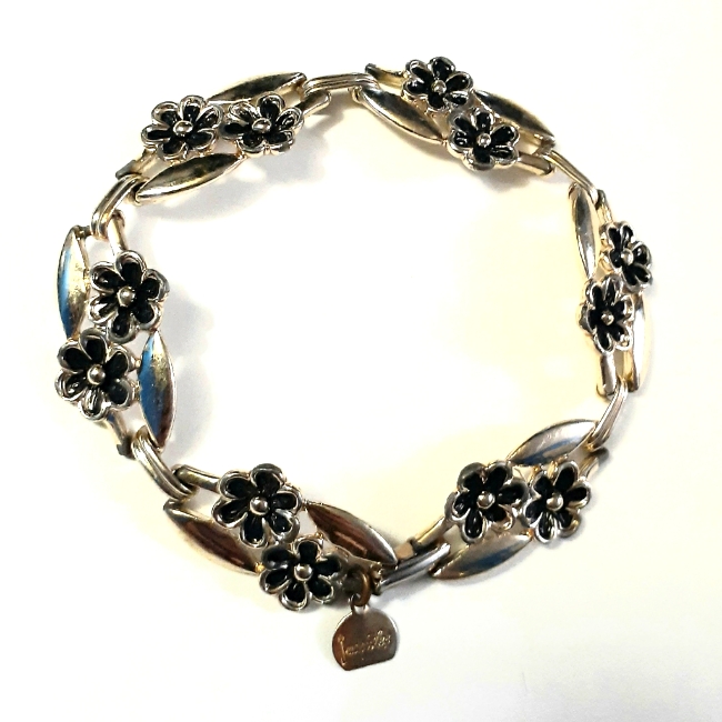 Vtg Judy Lee Silver Tone Black Enamel Flower Bracelet
